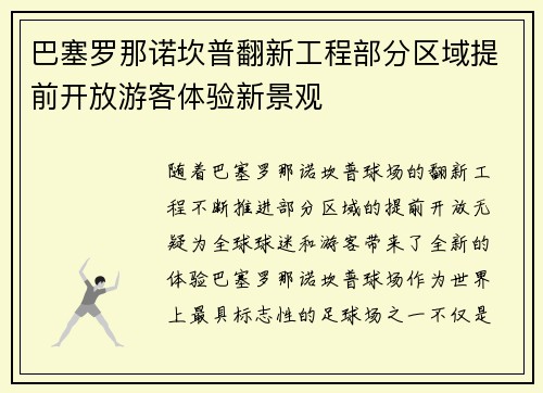 巴塞罗那诺坎普翻新工程部分区域提前开放游客体验新景观 巴塞罗那诺坎普翻新工程部分区域提前开放游客体验新景观