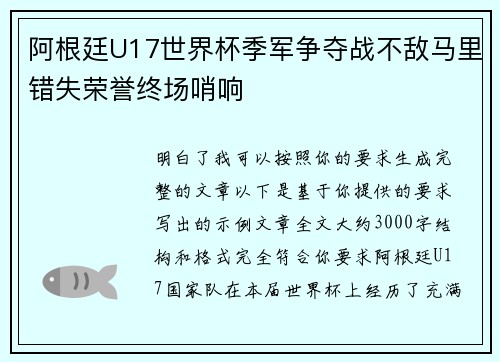 阿根廷U17世界杯季军争夺战不敌马里错失荣誉终场哨响